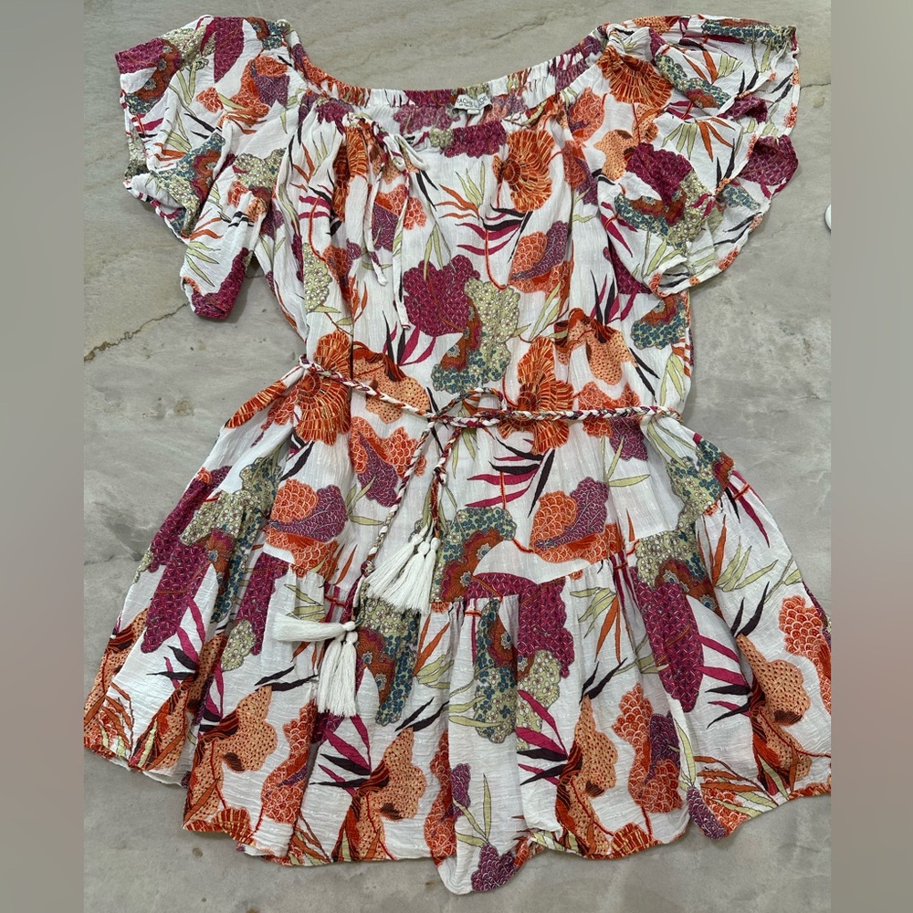 Rachel Zoe White Floral Tiered Tunic Mini Dress with Orange & Purple